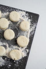 Cottage cheese, syrniki, pastries, cooking. Concept of nutritious and healthy breakfast.