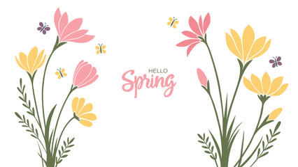 Hello Spring. Hand lettering and spring flowers for Springtime season greetings and invitations. Vector illustration. © DmVector