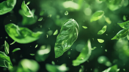 Vibrant green basil leaves falling on lush background for nature and herbal themes