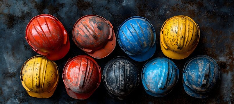 Assorted colorful hard hats piled on a surface. Workplace safety theme,


