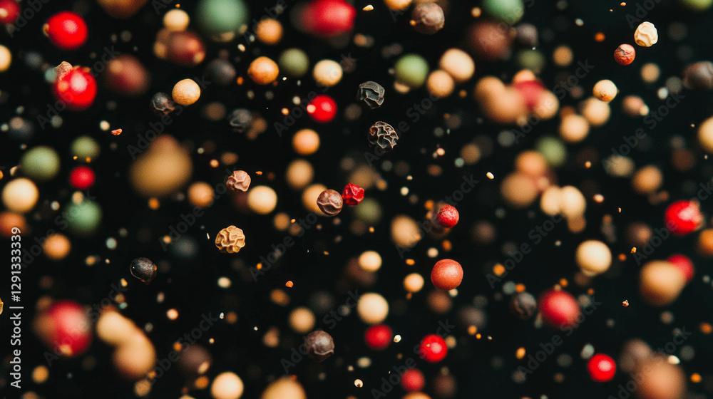 Poster Dynamic background of falling mixed peppercorns in motion