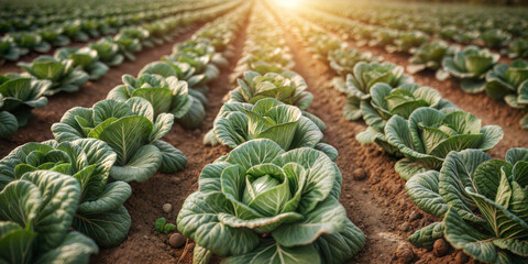 Fototapeta premium South Korean Organic Cabbage Farming – Rows of Green Vegetables in Rural Fields