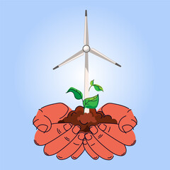 Palms holding wind turbine with a growing plant, renewable energy, sustainability, environmental protection. Eco friendly campaigns,green energy initiatives,sustainability projects.Vector illustration