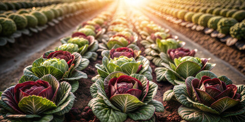 Obraz premium South Korean greenhouse farm – rows of fresh cabbage in the morning sun