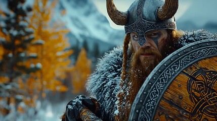 Obraz premium A fierce Viking warrior, clad in winter furs and a horned helmet, stands defiantly amidst a snowy, mountainous landscape.