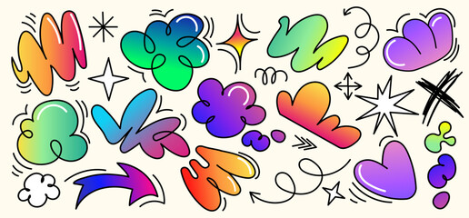 Colorful hand drawn doodle elements set with abstract shapes, hearts, arrows,scribbles in a playful graffiti style for graphic design, stickers, social media, branding,creative projects.Vector