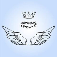Religious and spiritual angel wings, a royal crown, and a crown of thorns on a soft blue background. Line art drawing for faith based designs, Easter, tattoo concepts, logo, print. Vector illustration