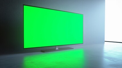 Fototapeta premium Green Screen Television In Minimalist Room With Bright Lighting And Modern Design Elements