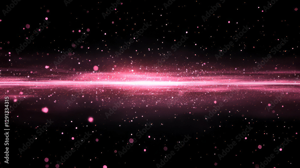 Poster glowing pink light dust particles in motion with mysterious cosmic background