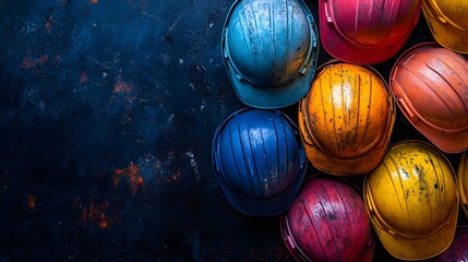 Assorted colorful hard hats piled on a surface. Workplace safety theme,