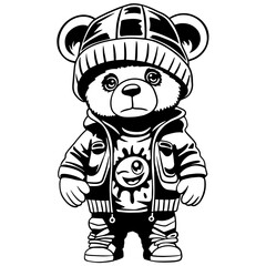 A stylish urban teddy bear in a beanie, hoodie, and sneakers, featuring a streetwear-inspired design in black and white. Perfect for tattoo art, fashion prints, stickers, and branding projects.
