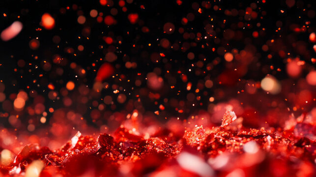 Dramatic background of falling red chili flakes against dark backdrop for culinary design and spicy themes