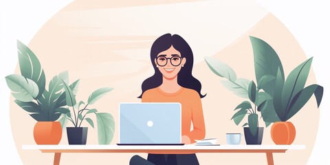 Fototapeta premium Businesswoman working on laptop at desk with plants, illustration
