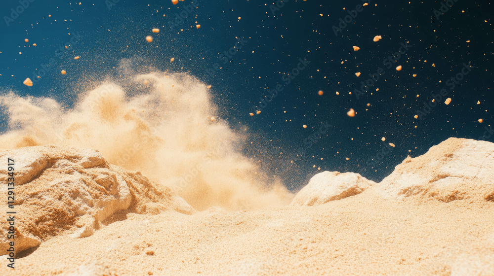 Poster dynamic falling sand against dark blue sky texture for design and print
