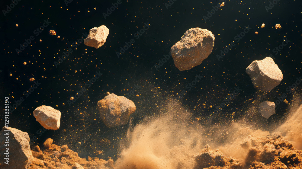 Poster dynamic scene of falling sand and volcanic rocks for design use