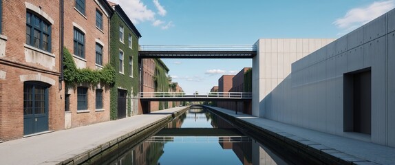 Naklejka premium Urban Canal Scene Featuring Brick Buildings and a Metal Bridge