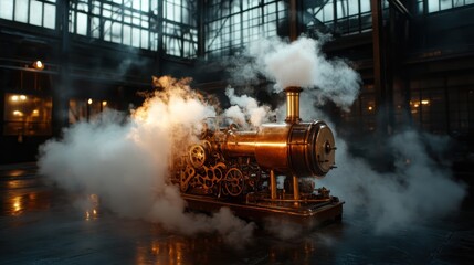 An eye-catching golden locomotive billowing steam within a factory setting, embodying the essence of the industrial era while merging aesthetics with powerful machinery.