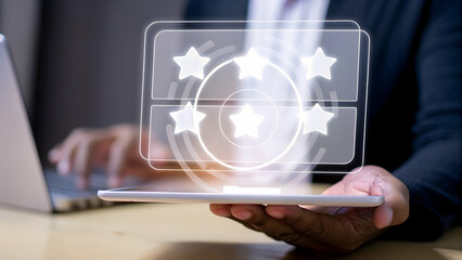 Hand presenting holographic device showcasing digital wallpaper trends with empty space background concept as A hand displaying a holographic device highlighting the latest digital wallpaper trends em