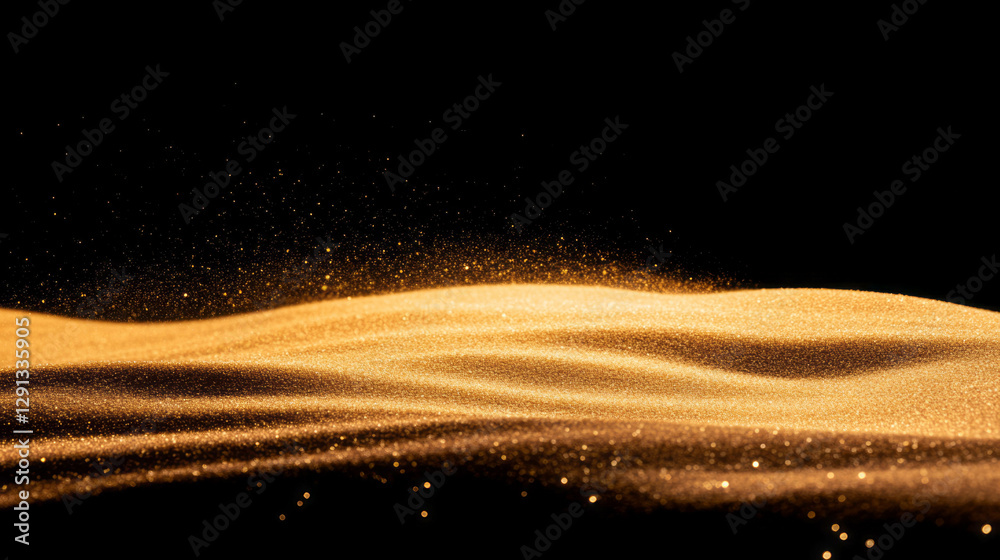 Poster mesmerizing flow of golden sand particles reflecting light against a dark background