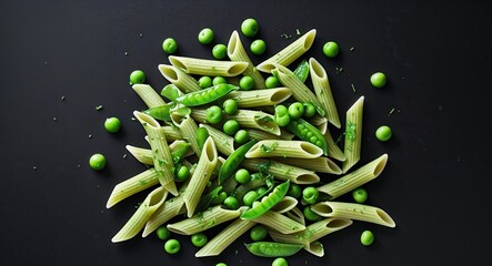 Green penne pasta with sugar snap peas on black background overhead view with space for text for culinary or recipe presentations.