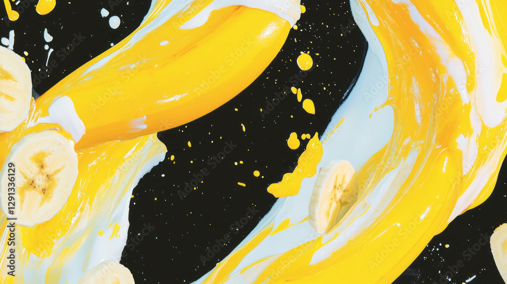 Poster Creative pattern of falling sliced bananas with vibrant yellow splash for fresh background design