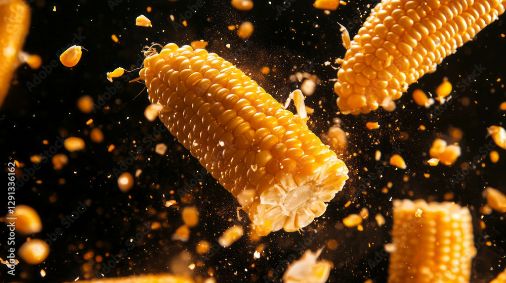 Poster Dynamic display of falling sliced corn cobs against yellow background