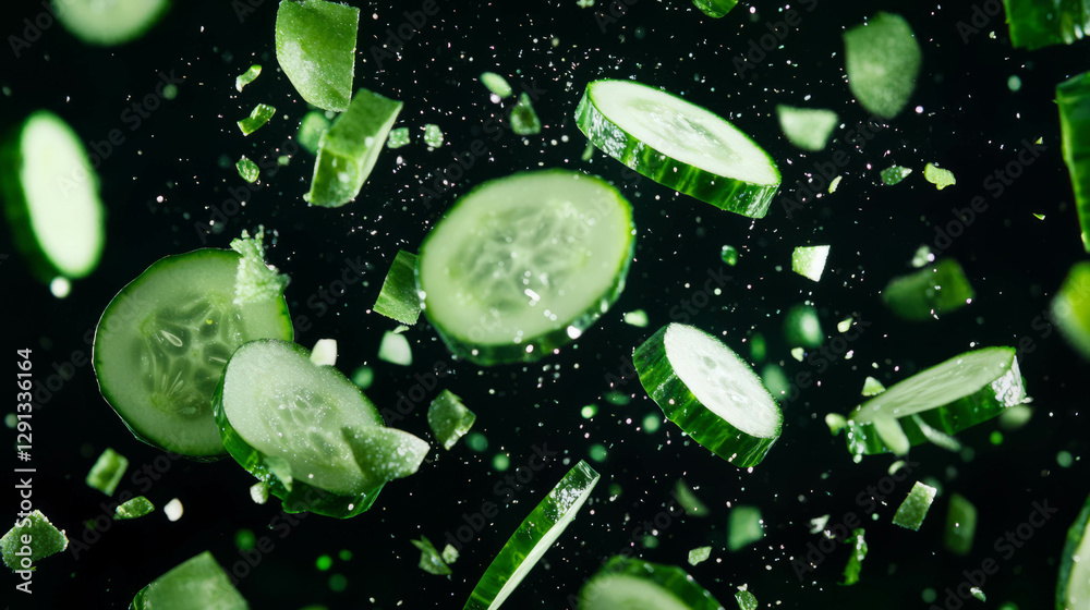Poster fresh cucumber chaos on green backdrop for culinary and health concepts