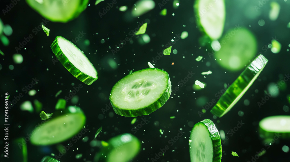 Poster Fresh and vibrant floating cucumber slices on a green background for natural wellness concepts