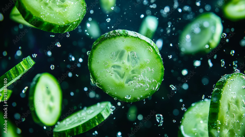 Poster Fresh sliced cucumber pattern with water droplets for natural background design