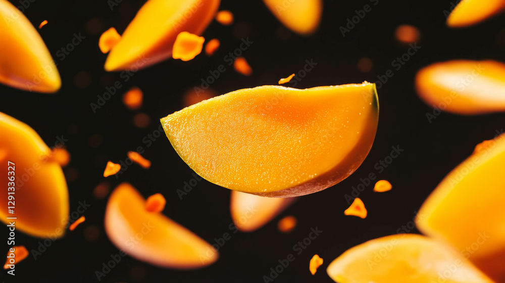 Poster dynamic background of falling sliced mangoes and oranges for tropical theme design