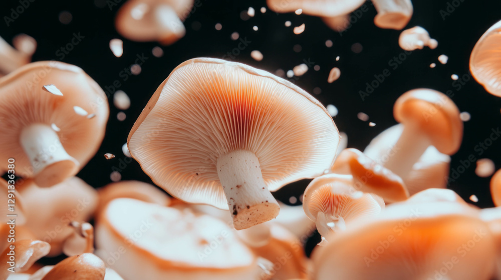 Poster captivating scene of falling sliced mushrooms on white background for culinary design