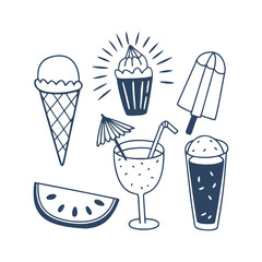 Summer Sips & Sweet Treats, Fun Refreshment, Summer food collection Silhouettes Vector Clipart Isolated Illustration