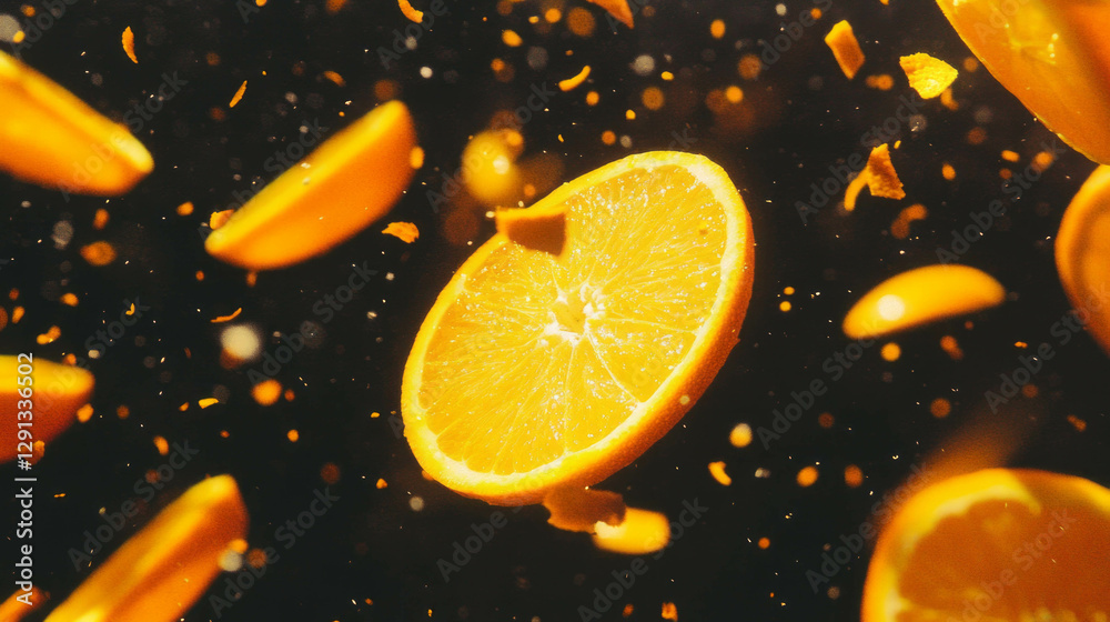 Aufkleber vibrant background of falling sliced oranges with citrus fragments for fresh design concept