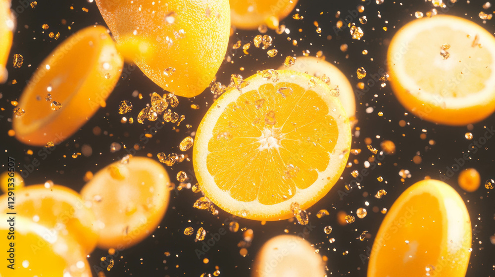 Poster Vibrant background of falling sliced oranges with soft orange glow for freshness and citrus theme