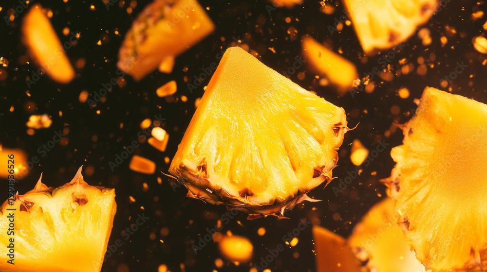 Poster vibrant background of falling sliced pineapples in motion for tropical design themes