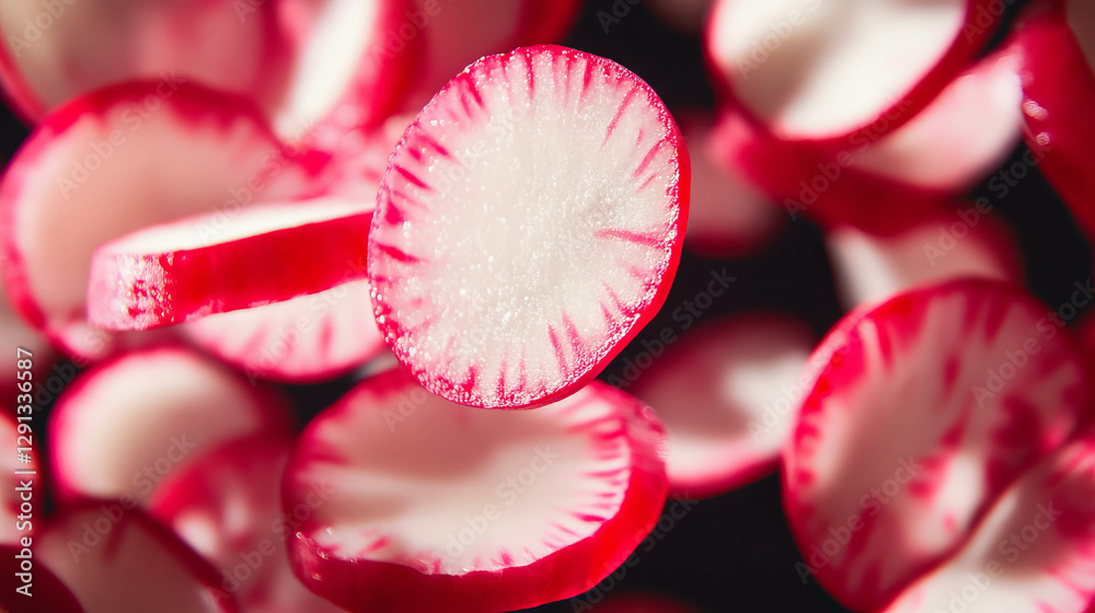Poster Fresh radish slices falling on black background for culinary design and concepts