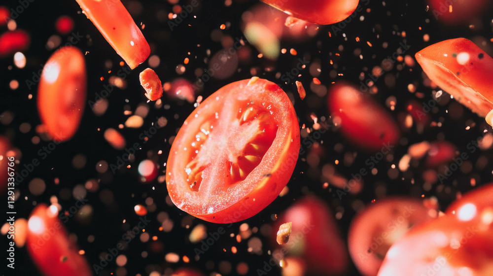 Poster fresh sliced tomatoes falling in motion against a dark background