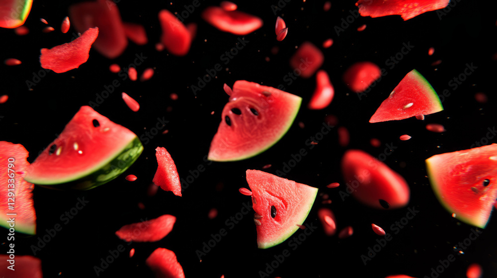 Poster vibrant background of falling sliced watermelon pieces for refreshing summer design