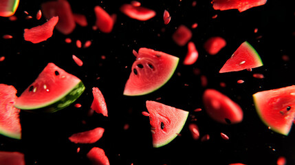 Vibrant background of falling sliced watermelon pieces for refreshing summer design