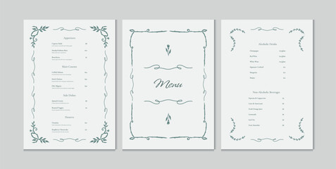 Elegant Restaurant Menu Set with Floral Ornament and Calligraphy. Vintage Wedding and Event Design. Classic Frame. Vector Illustration.