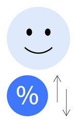 happy face above blue circle with percentage symbol, next to up-down arrows. Ideal for financial trends, market analysis, customer satisfaction, economic changes, profit loss, sentiment analysis