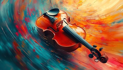 Violin and drum in the center, radiating vibrant colorful music notes, fluid design elements, energetic movement, modern artistic interpretation, highdefinition 8K quality