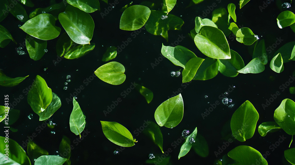 Poster lush green leaves floating in minimalist dark background for nature design