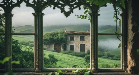 Ornate window framing a lush green landscape and rustic building
