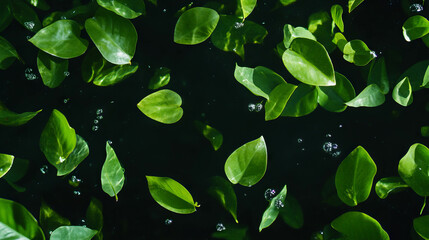 Lush green leaves floating in minimalist dark background for nature design