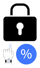 Locked padlock, hand with smartwatch highlighting fingerprint scan, and percentage indicator. Ideal for cybersecurity, biometric security, smart devices, digital authentication, data protection