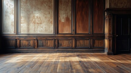 Old building with wooden parquet floor, wooden wainscoting panels and wallpaper.