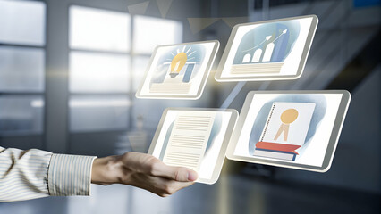 Hand Presenting Holographic Digital Literacy Curriculum: Key Educational Components Highlighted in a Stock Photo Concept with Empty Space for Customization