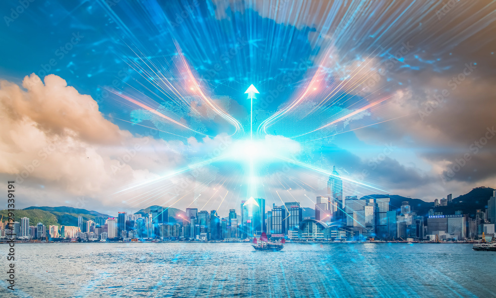 Poster hong kong urban skyline with a glowing arrow soaring upward. represents a concept of business growth