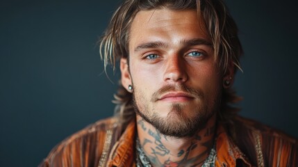 Naklejka premium A charming young man with tattoos and light hair gazes warmly towards the camera, emphasizing his striking blue eyes and relaxed vibe in a captivating portrait.